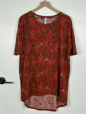 LuLaRoe Rustic Brown Color Western Cowboy Boot Longhorn Cacti Oversized Tunic